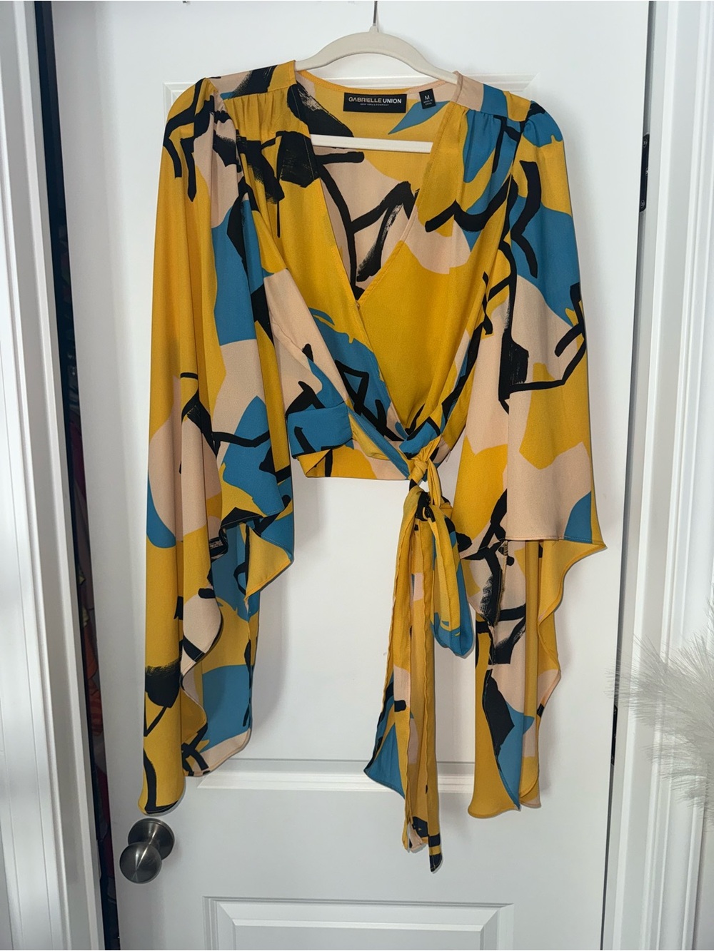 Gabrielle Union Mustard Abstract Print Wrap Blouse - Picture 4 of 5